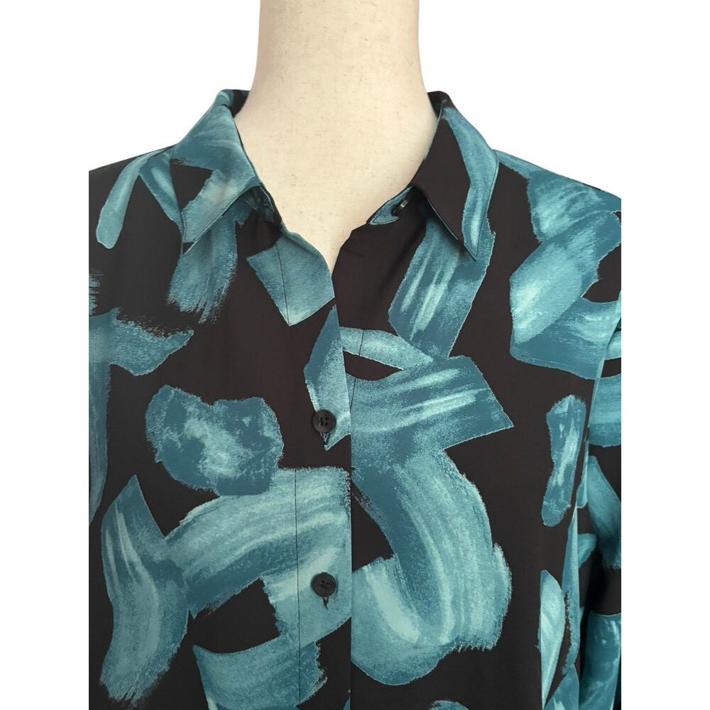 Chicos Size 3, XL Painted Brushstroke Long Sleeve Blouse Smocked Cuff Teal - Picture 2 of 7